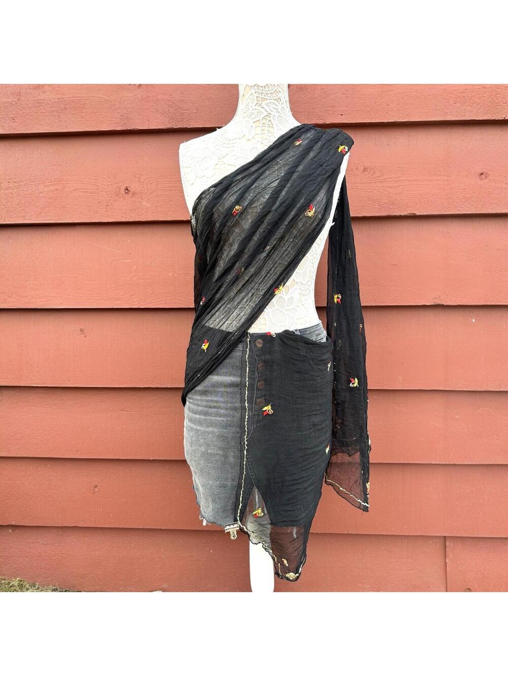 Vintage Whimsigoth Sheer Black Floral Embroidered Wrap
